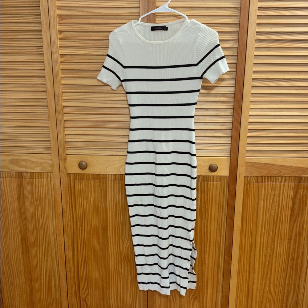 Black and Cream Striped Midi Dress